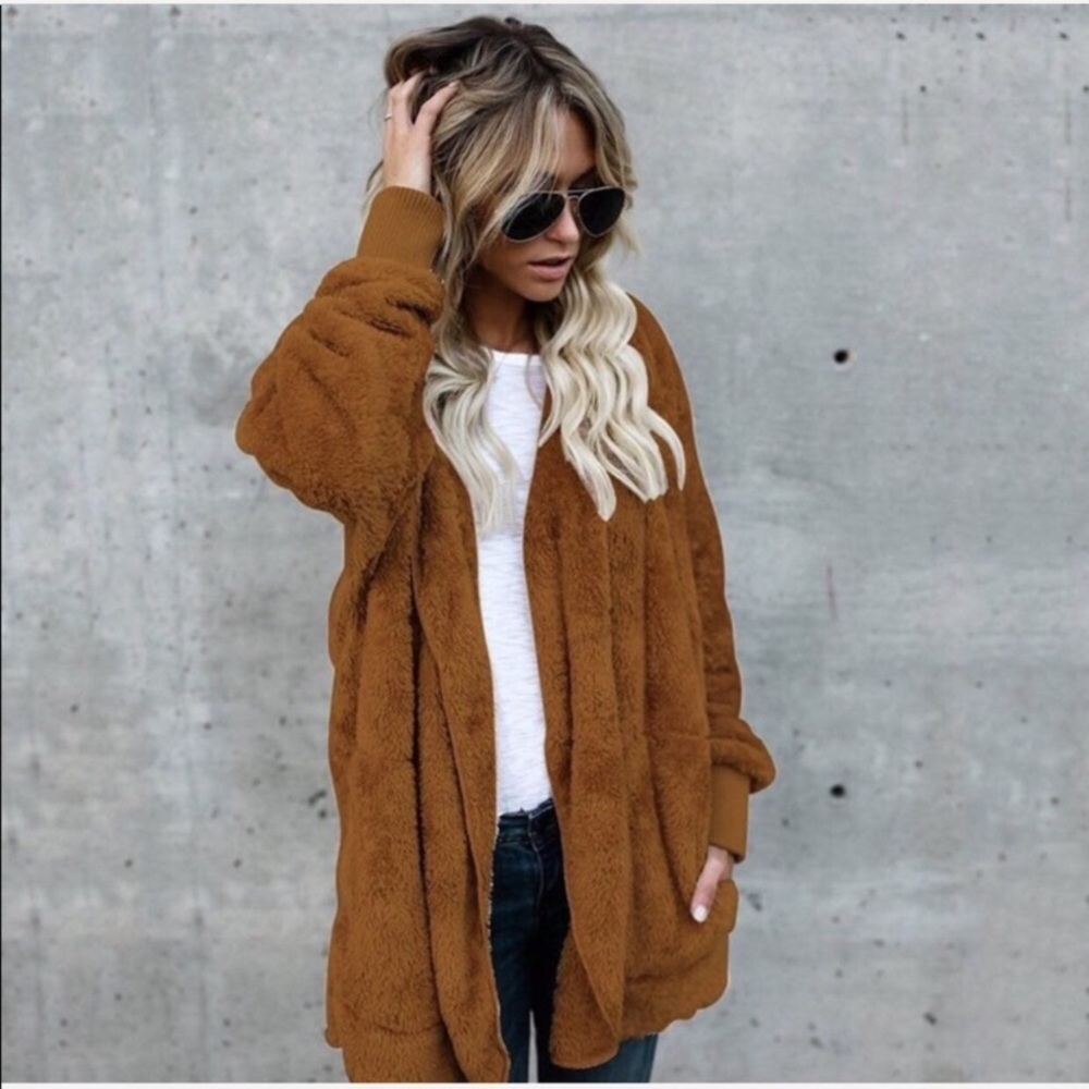 camel plush hooded warm jacket teddy faux fur cardigan
